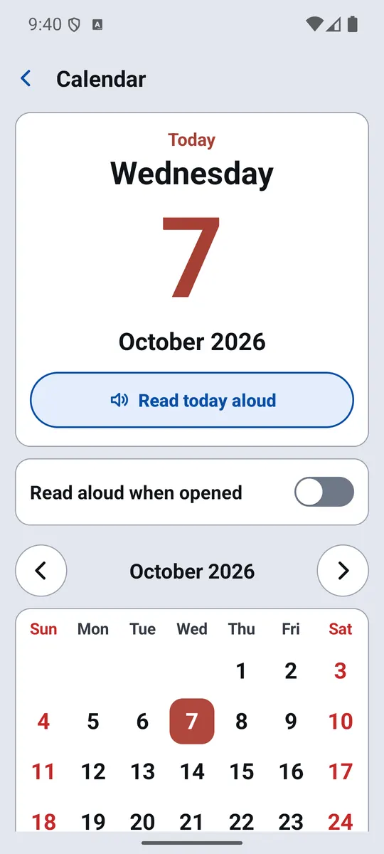 Calendar showing today's date in large numbers and a month view