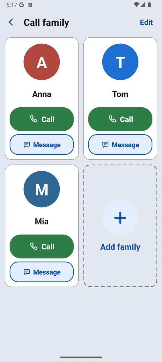 Call family with three family members, each with a big Call and Message button