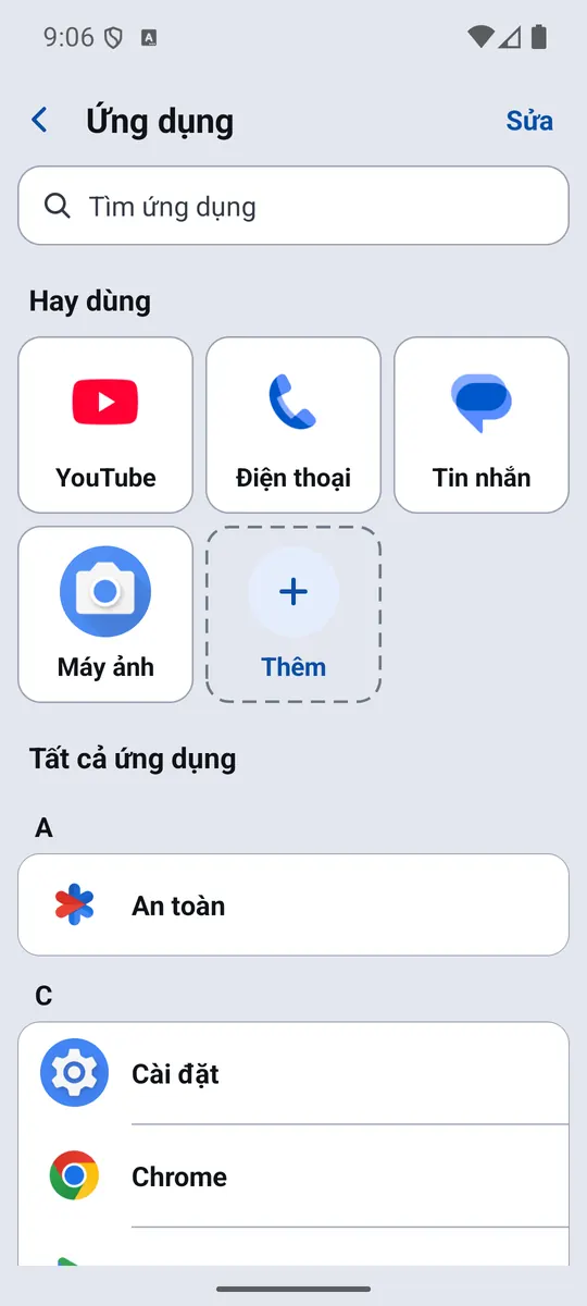 Danh sách ứng dụng với mục hay dùng và ô tìm kiếm