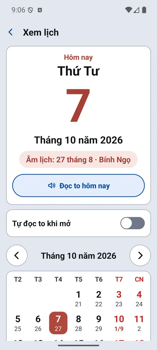 Lịch hiện ngày hôm nay bằng chữ số lớn, kèm âm lịch và lịch tháng