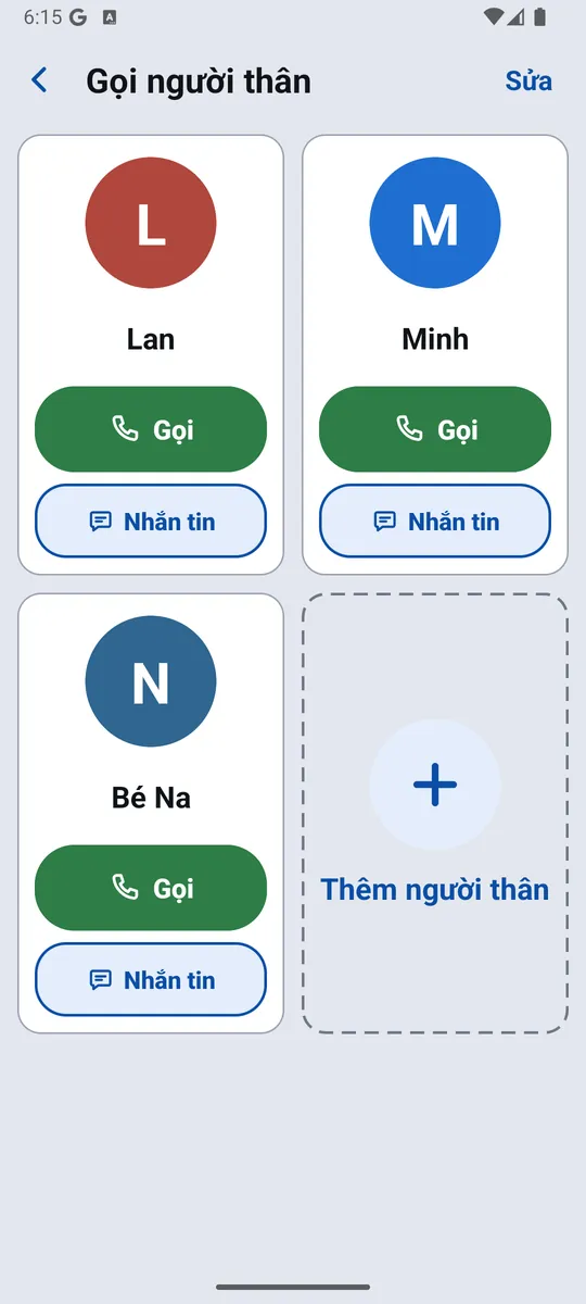 Gọi người thân với ba người thân, mỗi người có nút Gọi và Nhắn tin lớn