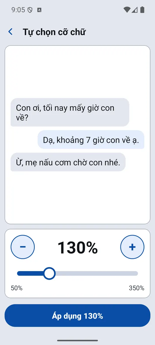 Màn Tự chọn cỡ chữ với thanh kéo và tin nhắn mẫu