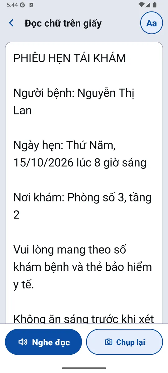 Kết quả Đọc giấy tờ: phiếu hẹn khám hiện chữ to, có nút Nghe đọc và Chụp lại