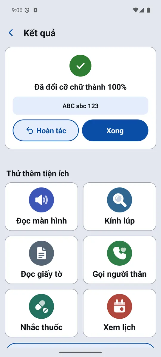 Màn kết quả: đã đổi cỡ chữ, có nút Hoàn tác và Xong