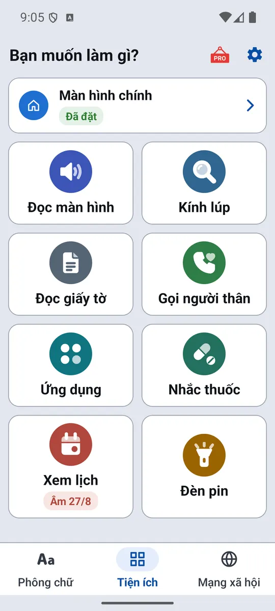 Tab Tiện ích của Big Font với tám nút lớn